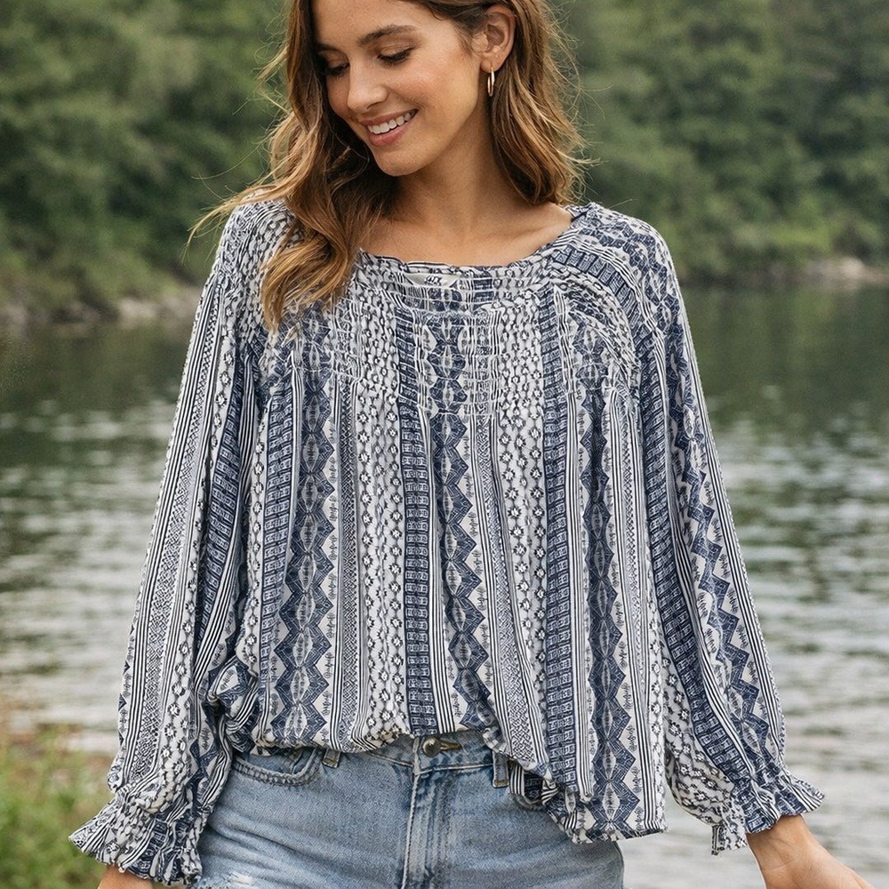 Boho Peasant Tunic Blouse Womens Large Smocked Yoke Long Sleeve Top